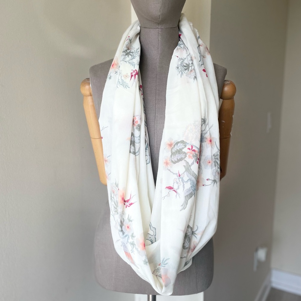 H&M White Infinity Shawl Scarf - White with Floral Print